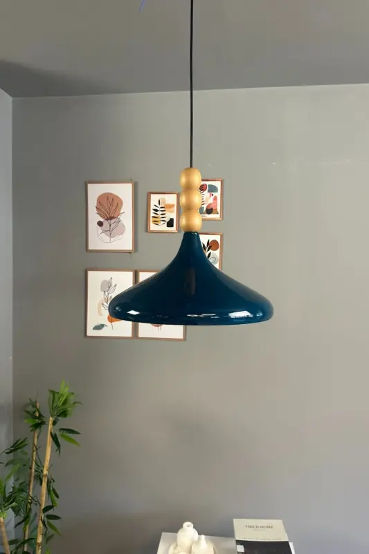 Champion Gece Mavisi Ahşap Üç Boncuk Başlık Tekli Avize Sarkıt Salon Mutfak Butik Lamba Aydınlatma-Gece Mavisi - 4