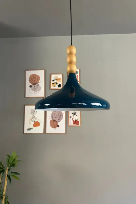 Champion Gece Mavisi Ahşap Üç Boncuk Başlık Tekli Avize Sarkıt Salon Mutfak Butik Lamba Aydınlatma-Gece Mavisi - 1