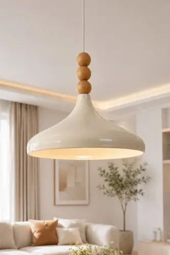 Champion Krem Ahşap Boncuklu Tekli Avize Sarkıt Salon Mutfak Butik Aydınlatma Avizeler - Krem - 1