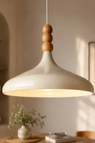 Champion Krem Ahşap Boncuklu Tekli Avize Sarkıt Salon Mutfak Butik Aydınlatma Avizeler - Krem - BAMYUM (1)