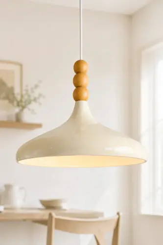 Champion Krem Ahşap Boncuklu Tekli Avize Sarkıt Salon Mutfak Butik Aydınlatma Avizeler - Krem - 3