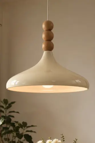 Champion Krem Ahşap Boncuklu Tekli Avize Sarkıt Salon Mutfak Butik Aydınlatma Avizeler - Krem - 4