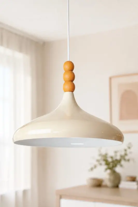 Champion Krem Ahşap Boncuklu Tekli Avize Sarkıt Salon Mutfak Butik Aydınlatma Avizeler - Krem - 5
