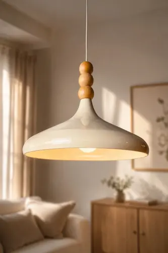 Champion Krem Ahşap Boncuklu Tekli Avize Sarkıt Salon Mutfak Butik Aydınlatma Avizeler - Krem - 6