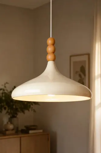 Champion Krem Ahşap Boncuklu Tekli Avize Sarkıt Salon Mutfak Butik Aydınlatma Avizeler - Krem - 7