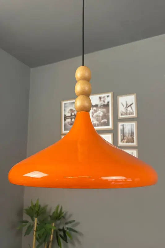 Champion Parlak Turuncu Ahşap Boncuklu Tekli Avize Sarkıt Salon Mutfak Butik Aydınlatma Avizeler-Parlak Turuncu - 2