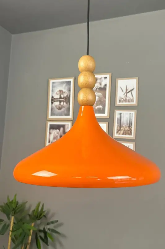 Champion Parlak Turuncu Ahşap Boncuklu Tekli Avize Sarkıt Salon Mutfak Butik Aydınlatma Avizeler-Parlak Turuncu - 3
