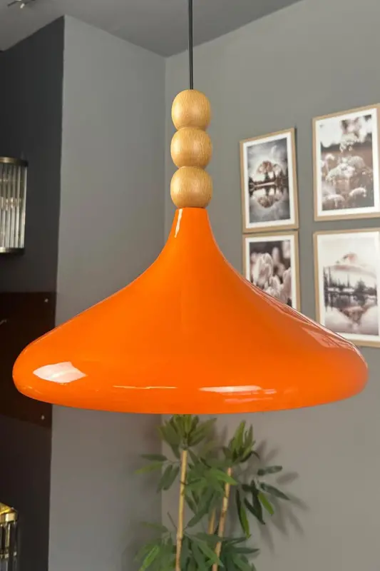 Champion Parlak Turuncu Ahşap Boncuklu Tekli Avize Sarkıt Salon Mutfak Butik Aydınlatma Avizeler-Parlak Turuncu - 4