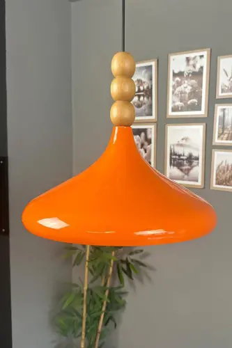 Champion Parlak Turuncu Ahşap Boncuklu Tekli Avize Sarkıt Salon Mutfak Butik Aydınlatma Avizeler-Parlak Turuncu - 5