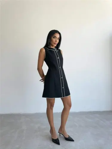 CHANEL FABRIC SHORT FRONT BUTTON DRESS - Black - 1