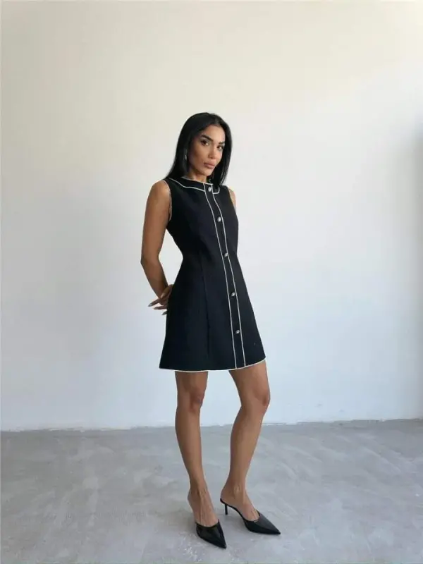 CHANEL FABRIC SHORT FRONT BUTTON DRESS - Black - 1