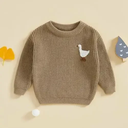 Chaqaloq O'g'il Qiz Trikotaj Sviter, Xo'roz G'oz Kashtali, Dumaloq Yoqa, Uzun Yengli Pullover, Qishki Kiyim. - 3