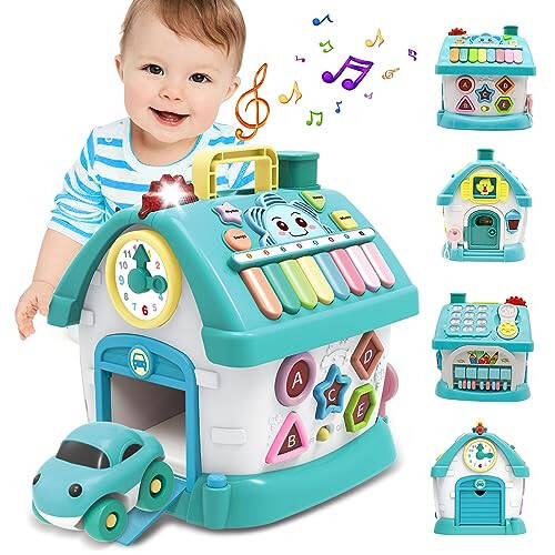 Chaqaloq o'yinchoqlari, 6 dan 12-18 oygacha bo'lgan chaqaloqlar uchun funktsional uy - 1 2 3 yoshli bolalar uchun Montessori o'yinchoqlari, Ovoz/Yorug'lik/Musiqa/Soat/Telefon/Mashina bilan o'yinchoqlar, Aqlli o'rganish uyi (Ko'k) - 1