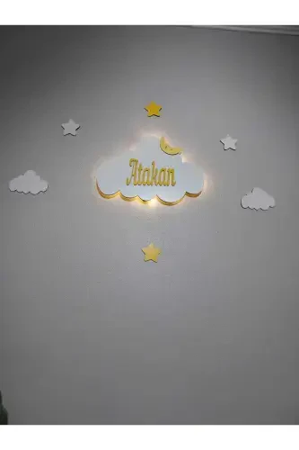 Chaqaloq uchun sovg'a yog'och ismli bulutli tungi chiroq Led yoritgichi yangi tug'ilgan chaqaloq uchun sovg'a-sariq - 1