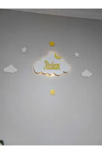 Chaqaloq uchun sovg'a yog'och ismli bulutli tungi chiroq Led yoritgichi yangi tug'ilgan chaqaloq uchun sovg'a-sariq - 5