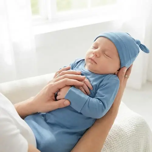 Chaqaloq yangi tug'ilgan bog'langan ko'ylak 0-6 oy, qiz va o'g'il bolalar uchun super yumshoq chaqaloq uzun yengli uyqu kiyimlari, shlyapa to'plami bilan chaqaloq uyga kelish kasalxonasi kiyimi och ko'k - 2