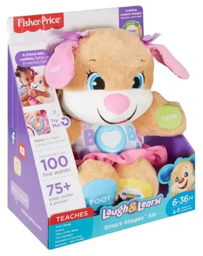 Chaqaloqlar, go'daklar va yurishni o'rganayotganlar uchun Fisher-Price Laugh & Learn Smart Stages Sis Puppy Plush o'quv o'yinchoqi, 6 oy va undan katta. - 6
