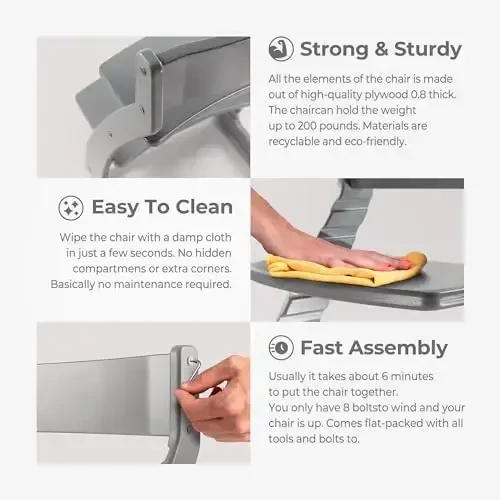 Chaqaloqlar va yosh bolalar uchun Fornel yog'ochli yuqori stul - sozlanadigan balandlik, oson tozalanadigan yosh bolalar uchun yuqori stul - 3 yoshdan 200 funtgacha bo'lgan bolalar uchun ovqatlanish stul, bola bilan birga o'sadi (kulrang) - 2