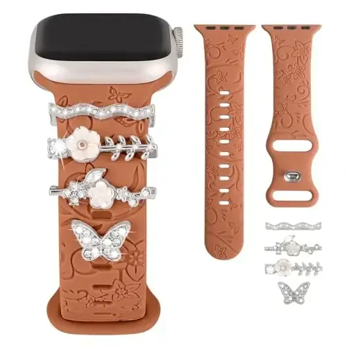 Charm+Apple Watch Bands uchun Band 40mm 41mm 38mm 44mm 45mm 46mm 42mm Ayollar, Floral o'yilgan silikon Sport Band+iWatch Series 11 10 9 8 7 6 5 4 SE/Ultra 49mm 3/2 uchun dekorativ halqalar, Zargarlik tasmasi 