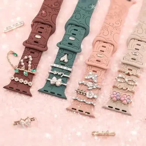 Charm+Apple Watch Bands uchun Band 40mm 41mm 38mm 44mm 45mm 46mm 42mm Ayollar,Gulli o'yilgan silikon sport Band+iWatch Series 11 10 9 8 7 6 5 4 SE/Ultra 49mm 3/2 uchun dekorativ halqa halqalari,Zargarlik tasmasi - 5
