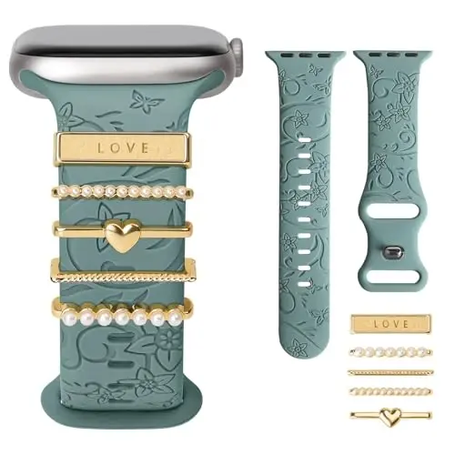 Charm+Apple Watch Bands uchun Band 40mm 41mm 38mm 44mm 45mm 46mm 42mm Ayollar,Gulli oʻyma Silikon Sport Band+iWatch Series 11 10 9 8 7 6 5 4 SE/Ultra 49mm 3/2 uchun dekorativ halqa halqalar,Zargarlik tasmasi 