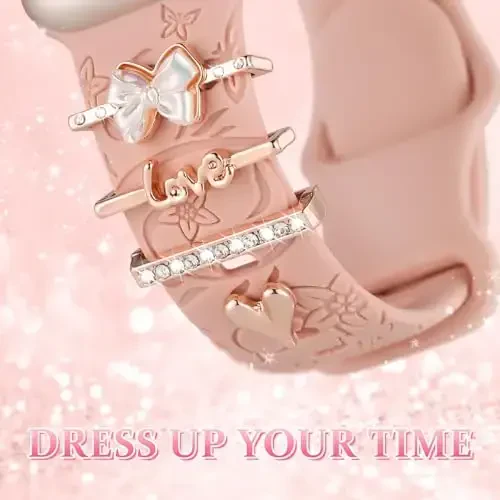 Charm+Apple Watch Bands uchun Band 40mm 41mm 38mm 44mm 45mm 46mm 42mm Ayollar,Gulli o'yma Silikon Sport Band+iWatch Series 11 10 9 8 7 6 5 4 SE/Ultra 49mm 3/2 uchun dekorativ halqalar,Zargarlik bilaguzuk - 4