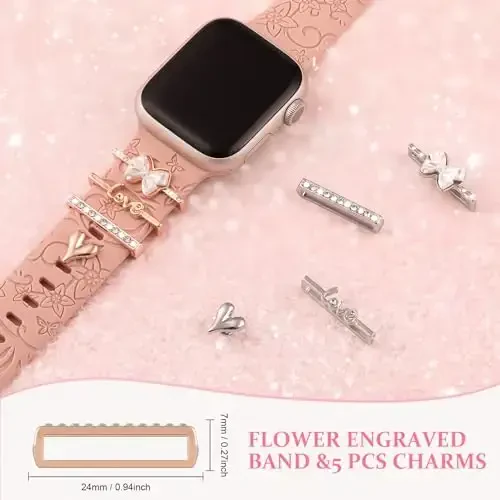 Charm+Apple Watch Bands uchun Band 40mm 41mm 38mm 44mm 45mm 46mm 42mm Ayollar,Gulli o'yma Silikon Sport Band+iWatch Series 11 10 9 8 7 6 5 4 SE/Ultra 49mm 3/2 uchun dekorativ halqalar,Zargarlik bilaguzuk - 5