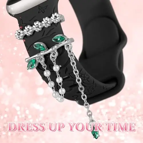 Charm+Apple Watch Bands uchun tasma 40mm 41mm 38mm 44mm 45mm 46mm 42mm Ayollar, Gullar o‘yib yozilgan silikon sport tasma+iWatch Series 11 10 9 8 7 6 5 4 SE/Ultra 49mm 3/2 uchun dekorativ halqa, Zargarlik buyumlari tasma - 3