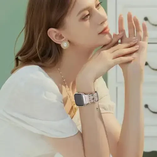 Charm+Apple Watch Bands uchun tasma 40mm 41mm 38mm 44mm 45mm 46mm 42mm Ayollar,Floral o'yilgan silikon sport tasma+iWatch Series 11 10 9 8 7 6 5 4 SE/Ultra 49mm 3/2 uchun dekorativ halqalar,Zargarlik buyumlari tasmachasi - 6