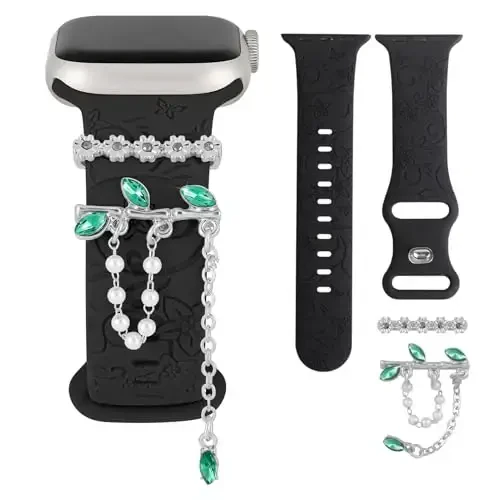 Charm+Apple Watch Bands uchun tasma 40mm 41mm 38mm 44mm 45mm 46mm 42mm Ayollar,Gulli naqshli silikon sport tasma+iWatch Series 11 10 9 8 7 6 5 4 SE/Ultra 49mm 3/2 uchun dekorativ halqa,Zargarlik tasmachasi - CHARM+BAND