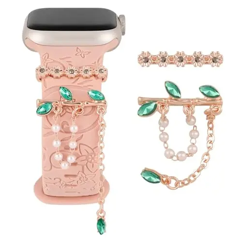 Charm+Apple Watch Bands uchun tasma 40mm 41mm 38mm 44mm 45mm 46mm 42mm Ayollar,Gulli oʻyma silikon sport tasma+iWatch Series 11 10 9 8 7 6 5 4 SE/Ultra 49mm 3/2 uchun dekorativ halqalar,Zargarlik tasmachasi 