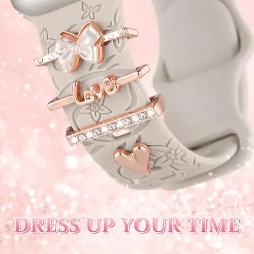 Charm+Apple Watch Bands uchun tasmalar 40mm 41mm 38mm 44mm 45mm 46mm 42mm Ayollar,Floral o'yilgan silikon sport tasma+iWatch Series 11 10 9 8 7 6 5 4 SE/Ultra 49mm 3/2 uchun dekorativ halqalar,Zargarlik tasmasi - 3