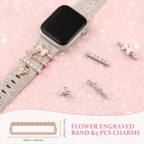 Charm+Apple Watch Bands uchun tasmalar 40mm 41mm 38mm 44mm 45mm 46mm 42mm Ayollar,Floral o'yilgan silikon sport tasma+iWatch Series 11 10 9 8 7 6 5 4 SE/Ultra 49mm 3/2 uchun dekorativ halqalar,Zargarlik tasmasi - 4
