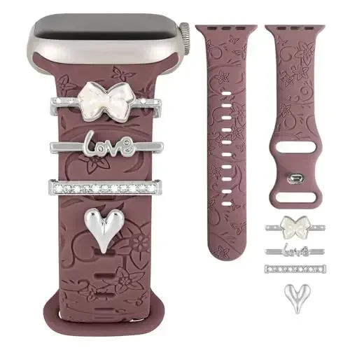 Charm+Band Apple Watch Bands uchun 40mm 41mm 38mm 44mm 45mm 46mm 42mm Ayollar,Floral naqshli silikon sport Band+iWatch Series 11 10 9 8 7 6 5 4 SE/Ultra 49mm 3/2 uchun dekorativ halqa,Zargarlik tasmachasi 