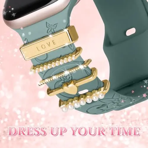 Charm+Band for Apple Watch Bands 40mm 41mm 38mm 44mm 45mm 46mm 42mm Women,Floral Engraved Silicone Sport Band+Decorative Ring Loops for iWatch Series 11 10 9 8 7 6 5 4 SE/Ultra 49mm 3/2,Jewelry Strap - 3