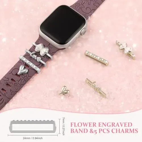 Charm+Band для Apple Watch Bands 40mm 41mm 38mm 44mm 45mm 46mm 42mm Women,Floral Engraved Silicone Sport Band+Decorative Ring Loops для iWatch Series 11 10 9 8 7 6 5 4 SE/Ultra 49mm 3/2,Jewelry Strap - 4