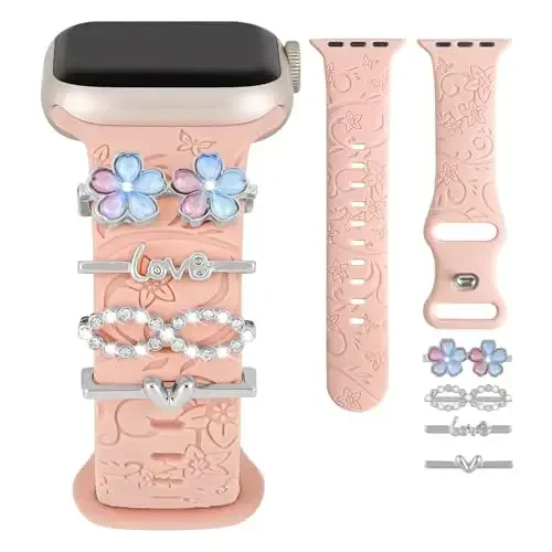 Charm+Band для Apple Watch Bands 40mm 41mm 38mm 44mm 45mm 46mm 42mm Women,Floral Engraved Silicone Sport Band+Decorative Ring Loops для iWatch Series 11 10 9 8 7 6 5 4 SE/Ultra 49mm 3/2,Jewelry Strap 