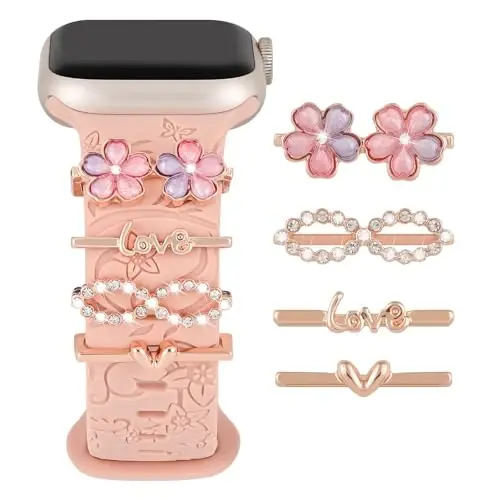 Charm+Band для Apple Watch Bands 40mm 41mm 38mm 44mm 45mm 46mm 42mm Women,Floral Engraved Silicone Sport Band+Decorative Ring Loops для iWatch Series 11 10 9 8 7 6 5 4 SE/Ultra 49mm 3/2,Jewelry Strap 