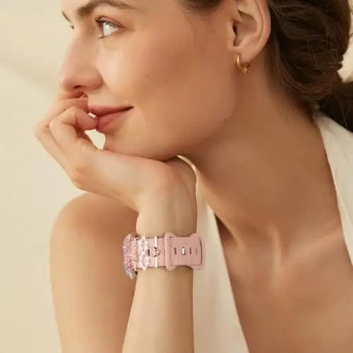Charm+Band для Apple Watch Bands 40mm 41mm 38mm 44mm 45mm 46mm 42mm Women,Floral Engraved Silicone Sport Band+Decorative Ring Loops для iWatch Series 11 10 9 8 7 6 5 4 SE/Ultra 49mm 3/2,Jewelry Strap - 3