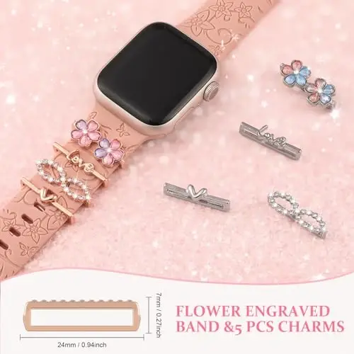 Charm+Band для Apple Watch Bands 40mm 41mm 38mm 44mm 45mm 46mm 42mm Women,Floral Engraved Silicone Sport Band+Decorative Ring Loops для iWatch Series 11 10 9 8 7 6 5 4 SE/Ultra 49mm 3/2,Jewelry Strap - 5