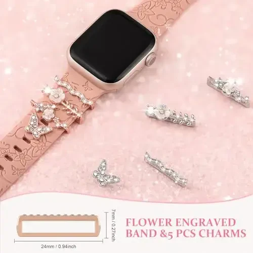 Charm+Band для Apple Watch Bands 40mm 41mm 38mm 44mm 45mm 46mm 42mm Women,Floral Engraved Silicone Sport Band+Decorative Ring Loops для iWatch Series 11 10 9 8 7 6 5 4 SE/Ultra 49mm 3/2,Jewelry Strap - 5