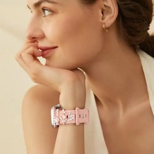 Charm+Band для Apple Watch Bands 40mm 41mm 38mm 44mm 45mm 46mm 42mm Women,Floral Engraved Silicone Sport Band+Decorative Ring Loops для iWatch Series 11 10 9 8 7 6 5 4 SE/Ultra 49mm 3/2,Jewelry Strap - 3