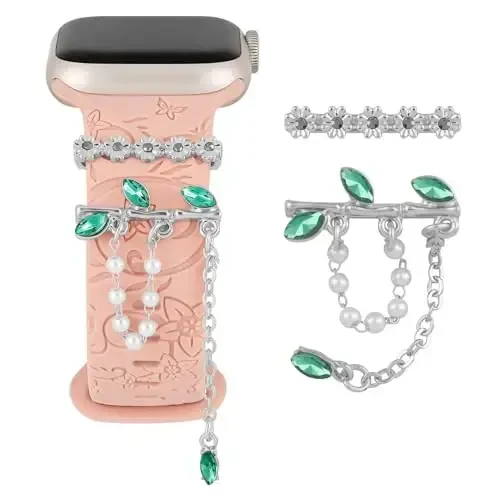 Charm+Band для Apple Watch Bands 40mm 41mm 38mm 44mm 45mm 46mm 42mm Women,Floral Engraved Silicone Sport Band+Decorative Ring Loops для iWatch Series 11 10 9 8 7 6 5 4 SE/Ultra 49mm 3/2,Jewelry Strap - 1
