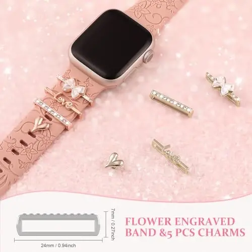 Charm+Band для Apple Watch Bands 40mm 41mm 38mm 44mm 45mm 46mm 42mm Women,Floral Engraved Silicone Sport Band+Decorative Ring Loops для iWatch Series 11 10 9 8 7 6 5 4 SE/Ultra 49mm 3/2,Jewelry Strap - 5