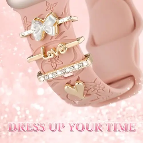 Charm+Band для Apple Watch Bands 40mm 41mm 38mm 44mm 45mm 46mm 42mm Women,Floral Engraved Silicone Sport Band+Decorative Ring Loops для iWatch Series 11 10 9 8 7 6 5 4 SE/Ultra 49mm 3/2,Jewelry Strap - 4