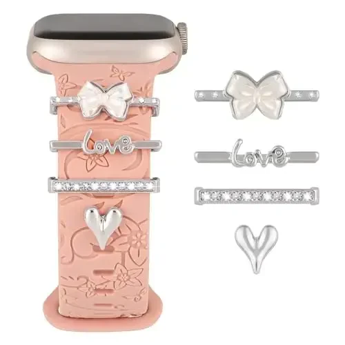 Charm+Band для Apple Watch Bands 40mm 41mm 38mm 44mm 45mm 46mm 42mm Women,Floral Engraved Silicone Sport Band+Decorative Ring Loops for iWatch Series 11 10 9 8 7 6 5 4 SE/Ultra 49mm 3/2,Jewelry Strap 