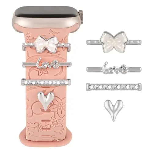 Charm+Band для Apple Watch Bands 40mm 41mm 38mm 44mm 45mm 46mm 42mm Women,Floral Engraved Silicone Sport Band+Decorative Ring Loops for iWatch Series 11 10 9 8 7 6 5 4 SE/Ultra 49mm 3/2,Jewelry Strap 