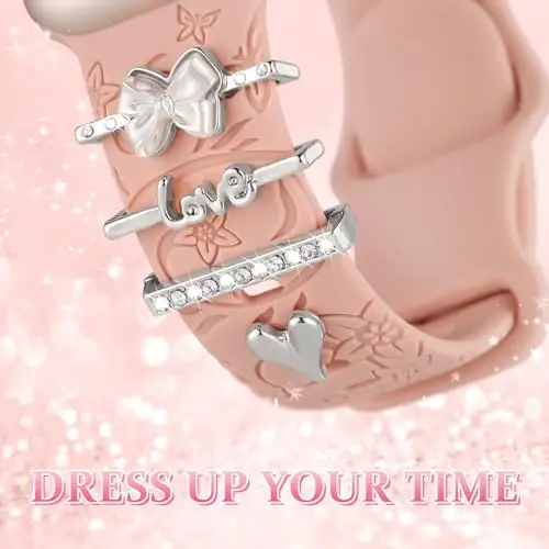 Charm+Band для Apple Watch Bands 40mm 41mm 38mm 44mm 45mm 46mm 42mm Women,Floral Engraved Silicone Sport Band+Decorative Ring Loops for iWatch Series 11 10 9 8 7 6 5 4 SE/Ultra 49mm 3/2,Jewelry Strap - 4