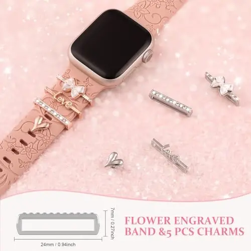 Charm+Band для Apple Watch Bands 40mm 41mm 38mm 44mm 45mm 46mm 42mm Women,Floral Engraved Silicone Sport Band+Decorative Ring Loops for iWatch Series 11 10 9 8 7 6 5 4 SE/Ultra 49mm 3/2,Jewelry Strap - 5