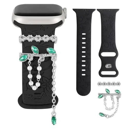 Charm+Band for Apple Watch Bands 40mm 41mm 38mm 44mm 45mm 46mm 42mm Women,Floral Engraved Silicone Sport Band+Decorative Ring Loops for iWatch Series 11 10 9 8 7 6 5 4 SE/Ultra 49mm 3/2,Jewelry Strap - 1